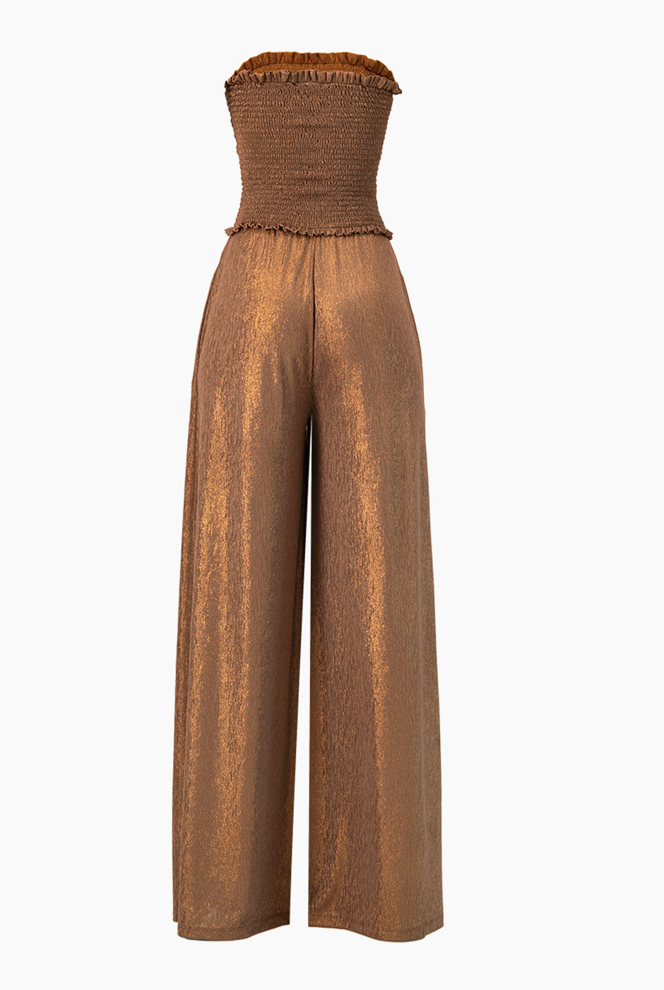 Jumpsuit strapless cobre con detalle smock y pierna amplia