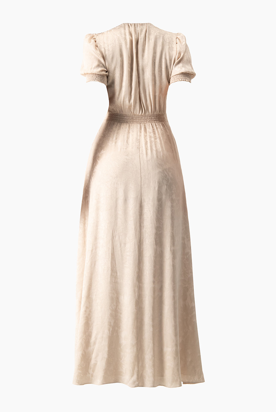 Vestido largo beige con escote en V y detalle de smock