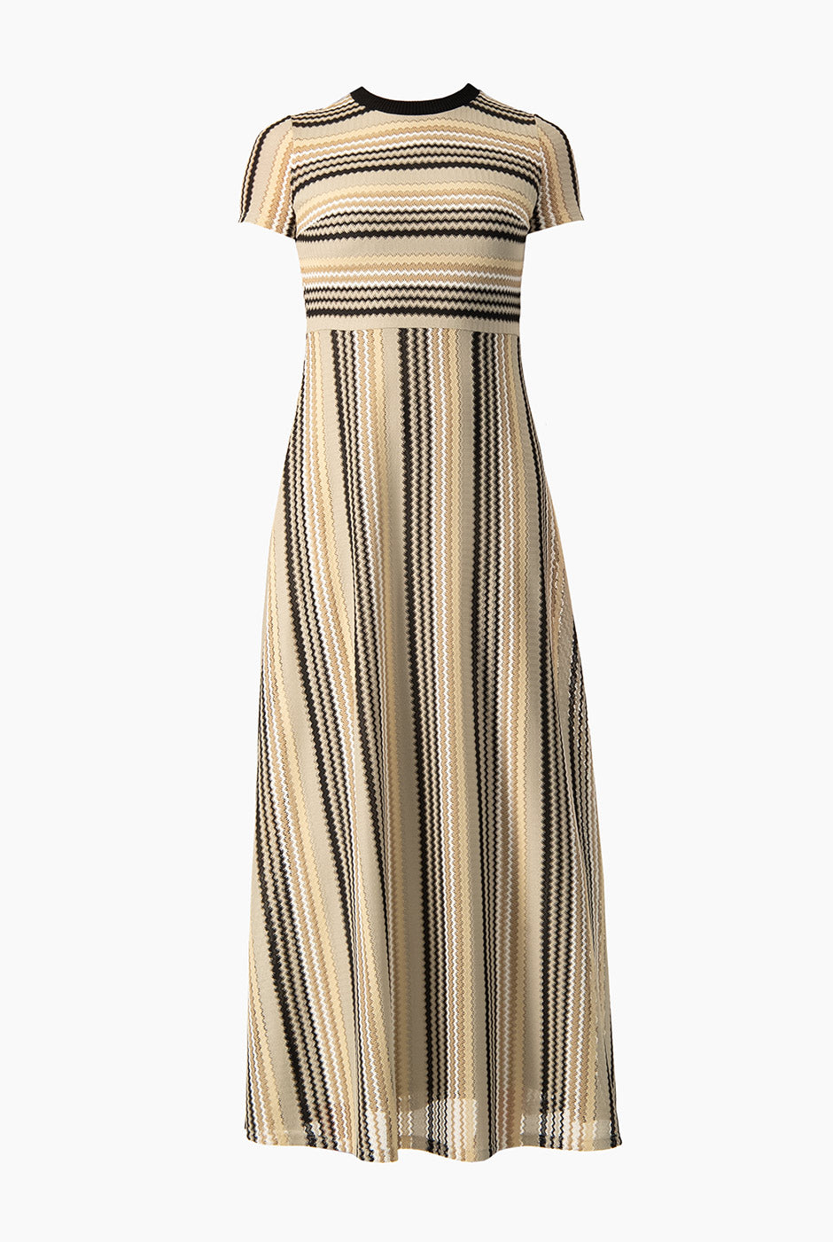 Vestido maxi tejido beige con estampado de rayas y mangas cortas