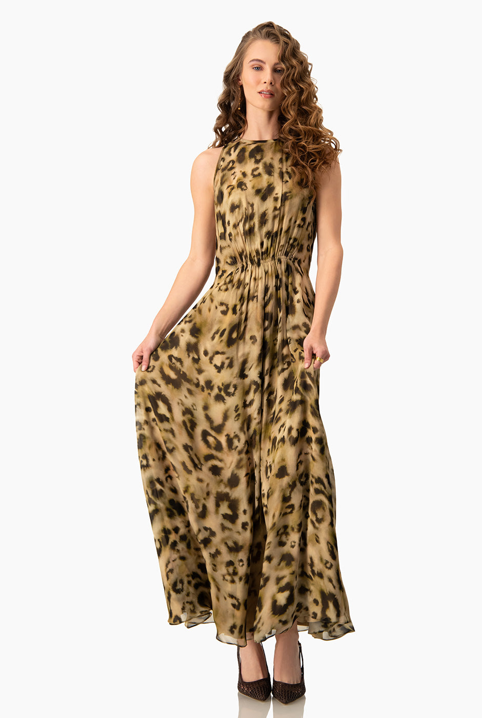 Vestido maxi estampado verde olivo sin mangas