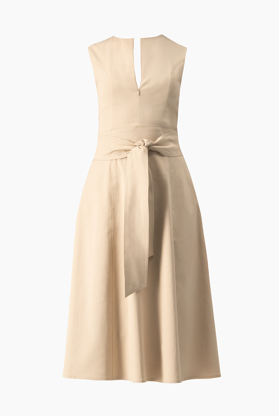 Vestido midi beige con escote en V y cinta en cintura