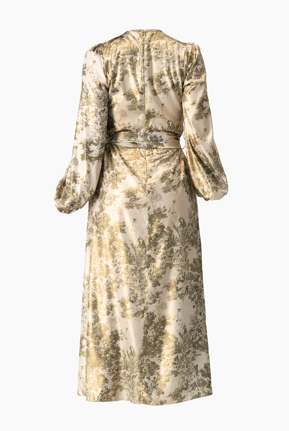 Vestido largo verde olivo con estampado floral y escote de gota