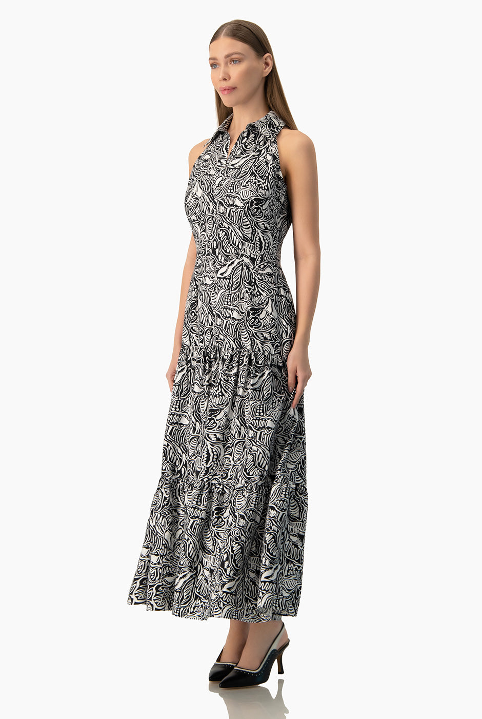 Vestido maxi negro escote en V, estampado abstracto