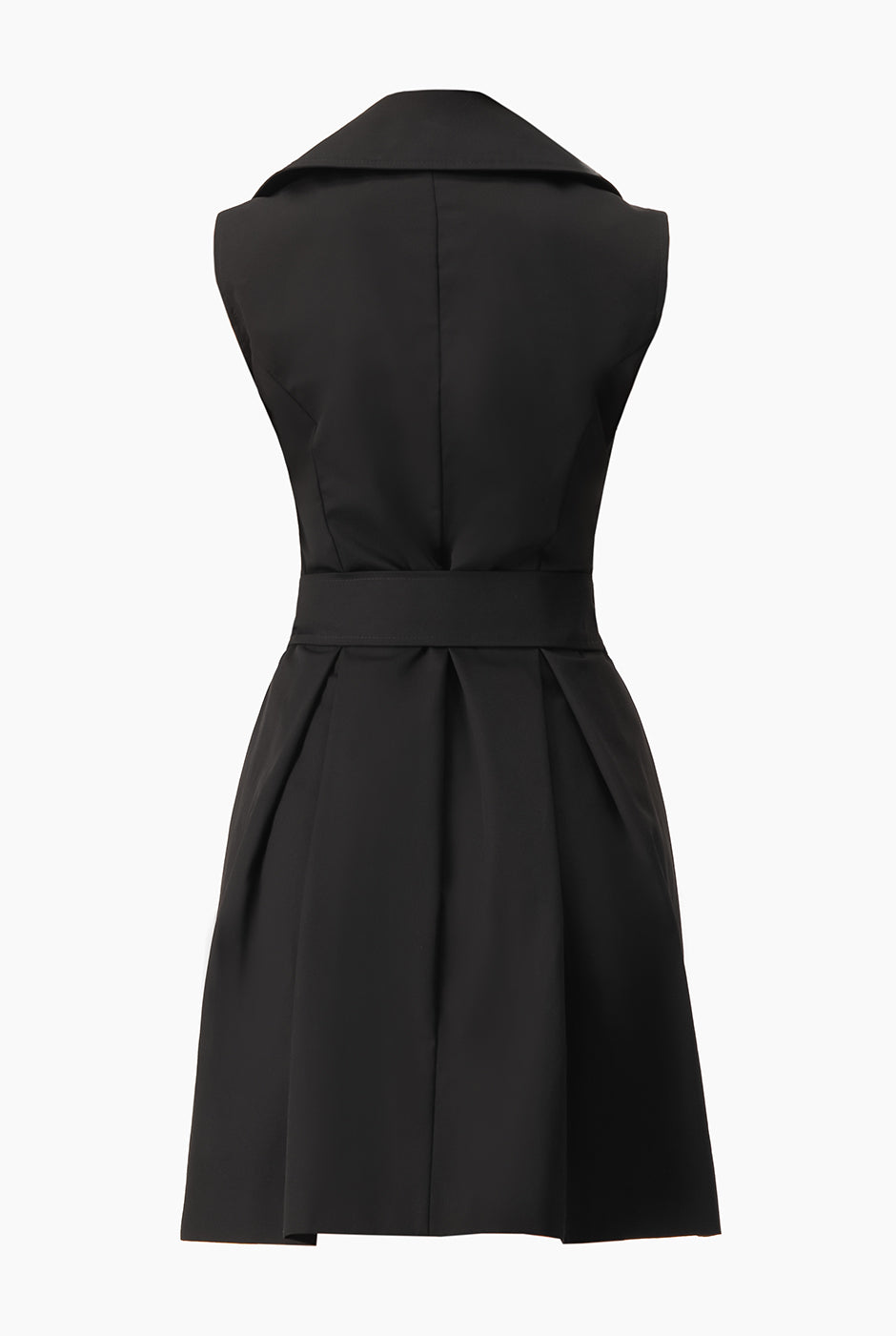 Vestido negro corto sin mangas con cinturón y cuello solapa