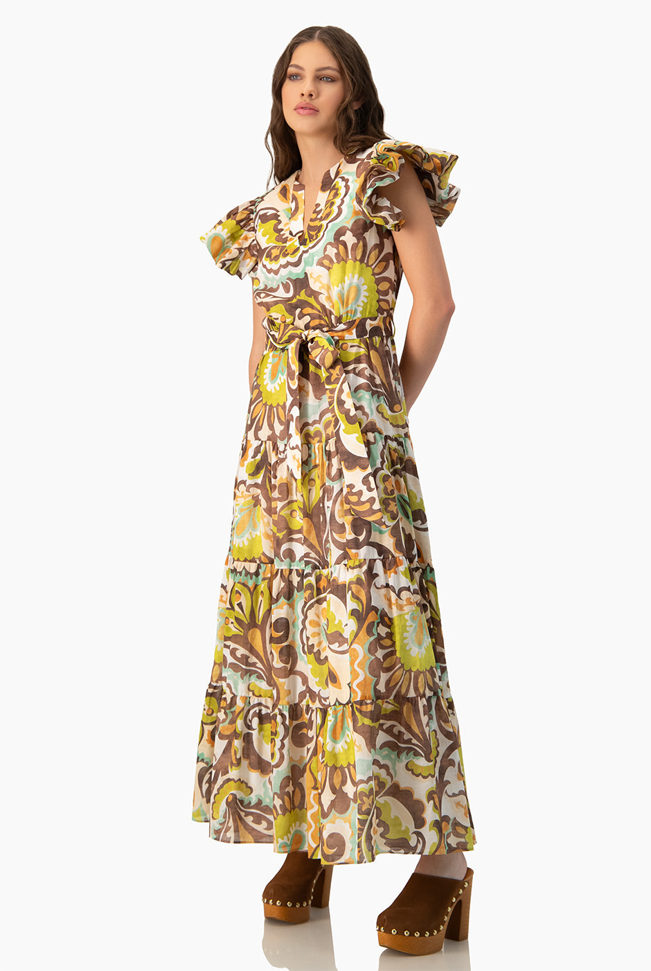 Vestido midi multicolor con volantes y estampado floral