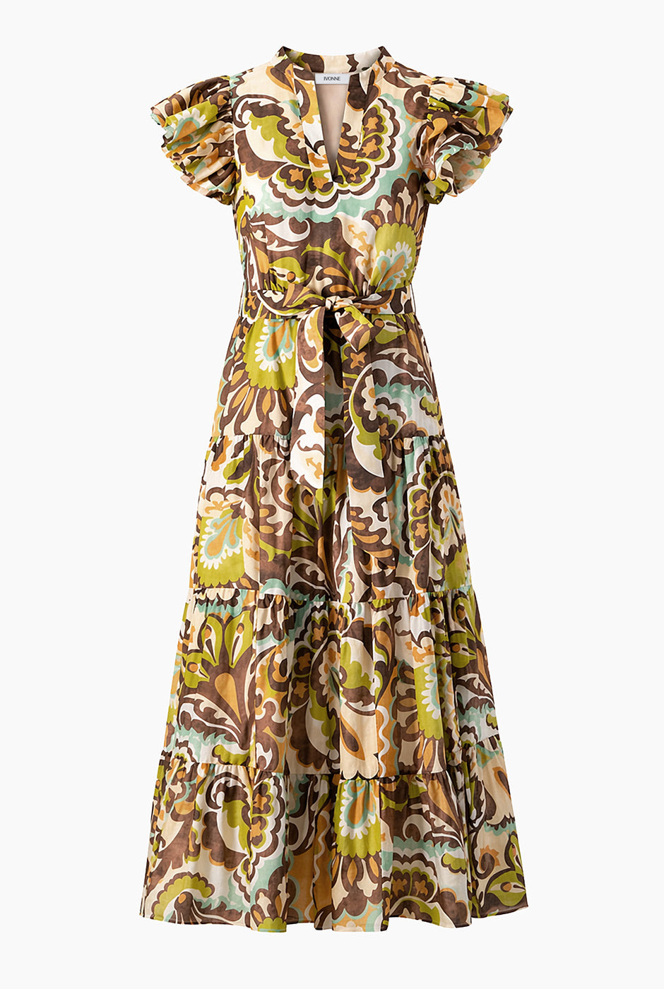Vestido midi multicolor con volantes y estampado floral