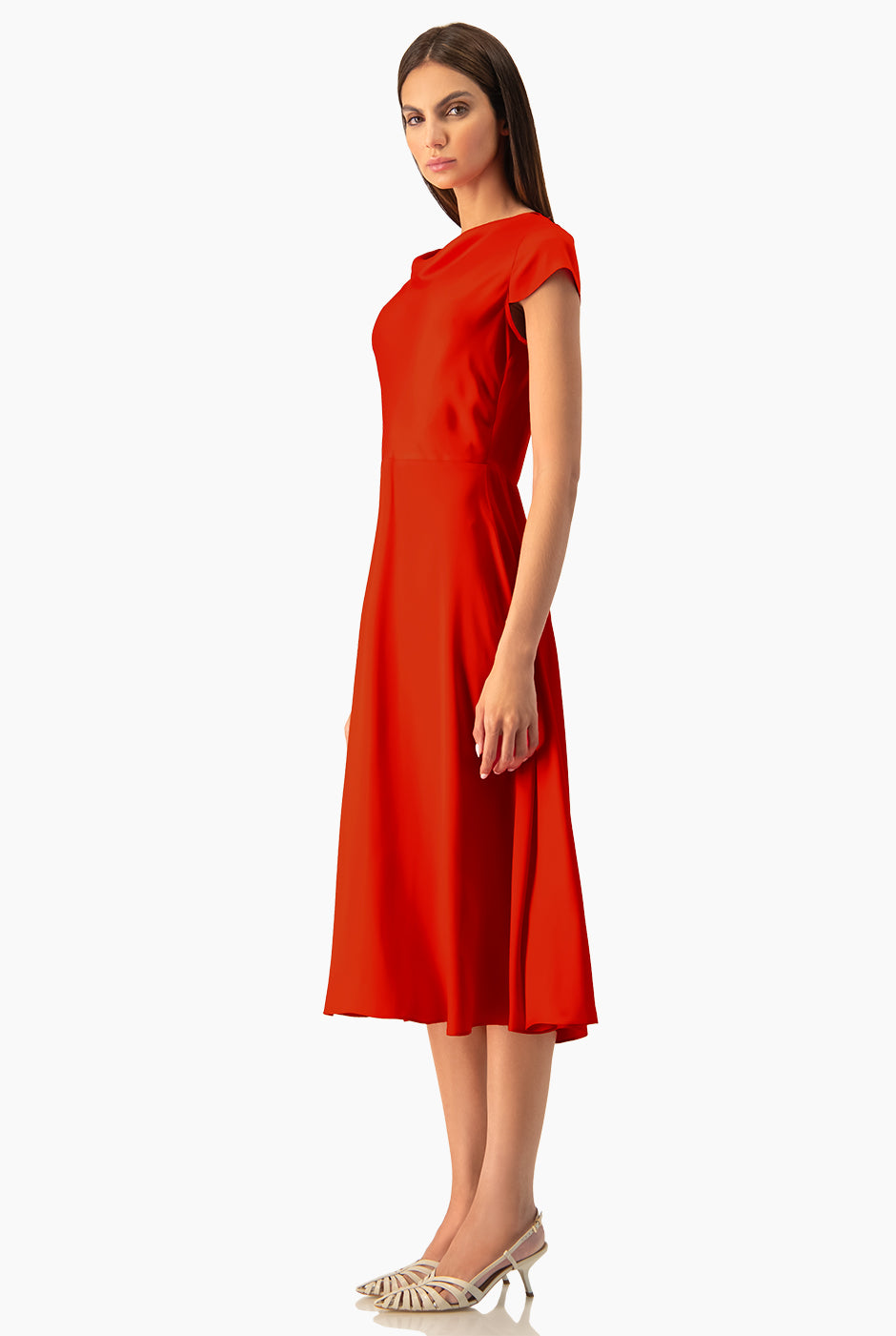 Vestido midi Ivonne rojo, diseño elegante con cinta en cintura