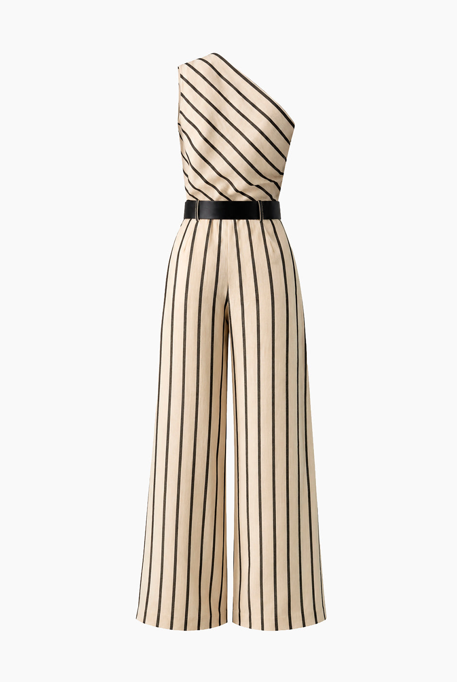 Jumpsuit Ivonne rayado beige, un hombro, cinturón negro