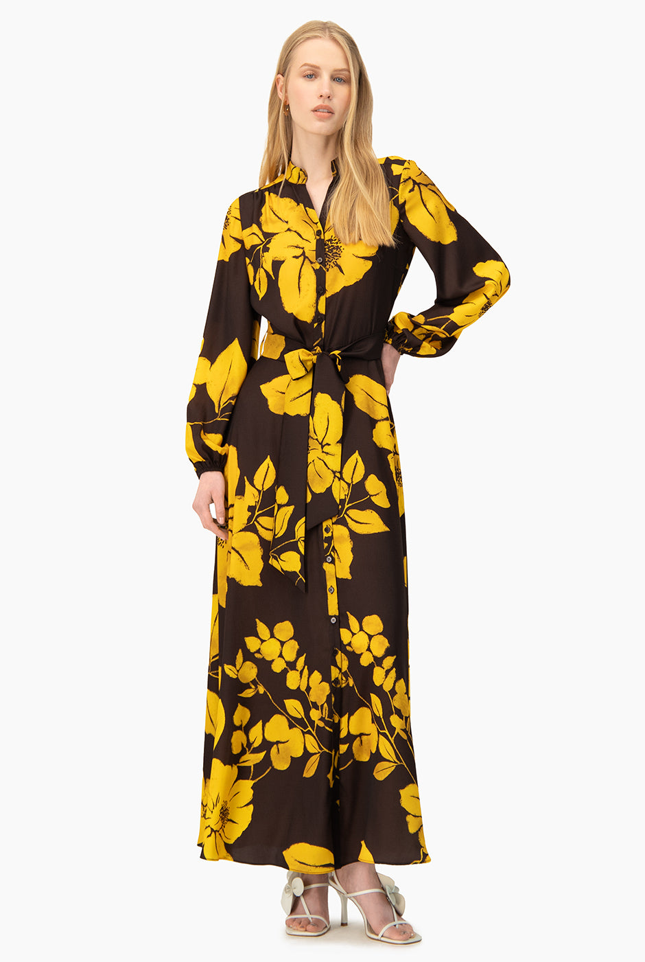 Vestido maxi Ivonne estampado, manga larga, escote en V