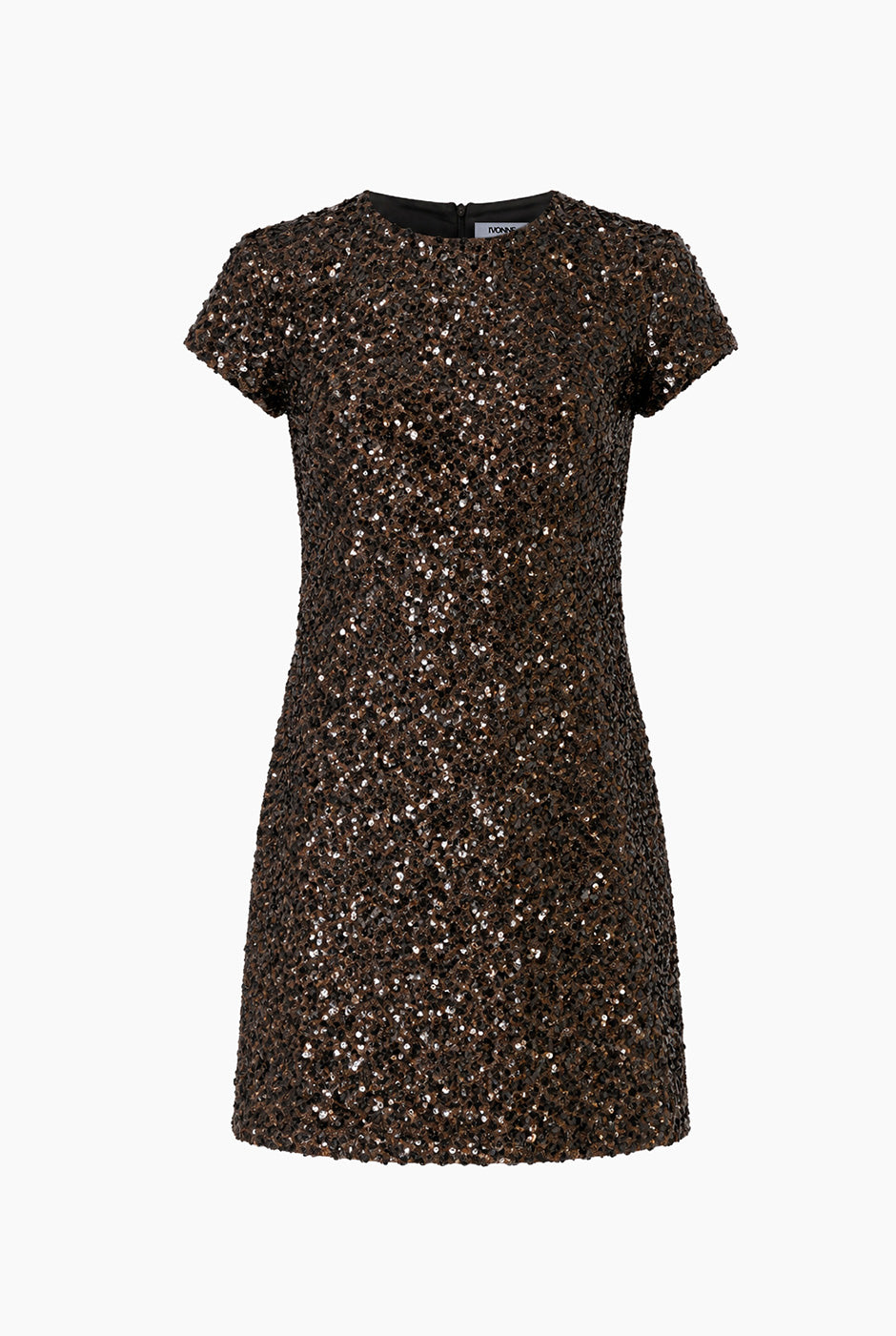 Vestido Ivonne corto café con lentejuelas y cuello redondo