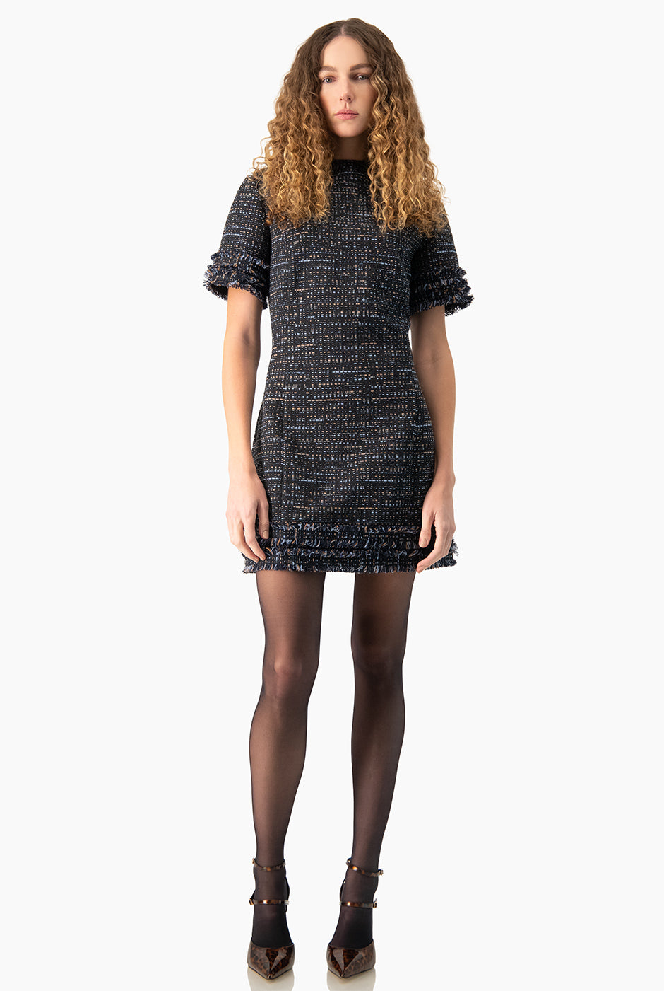 Vestido recto tejido Ivonne azul marino con olanes en mangas
