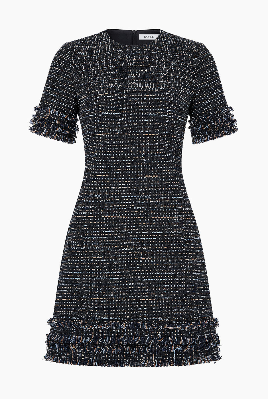 Vestido recto tejido Ivonne azul marino con olanes en mangas