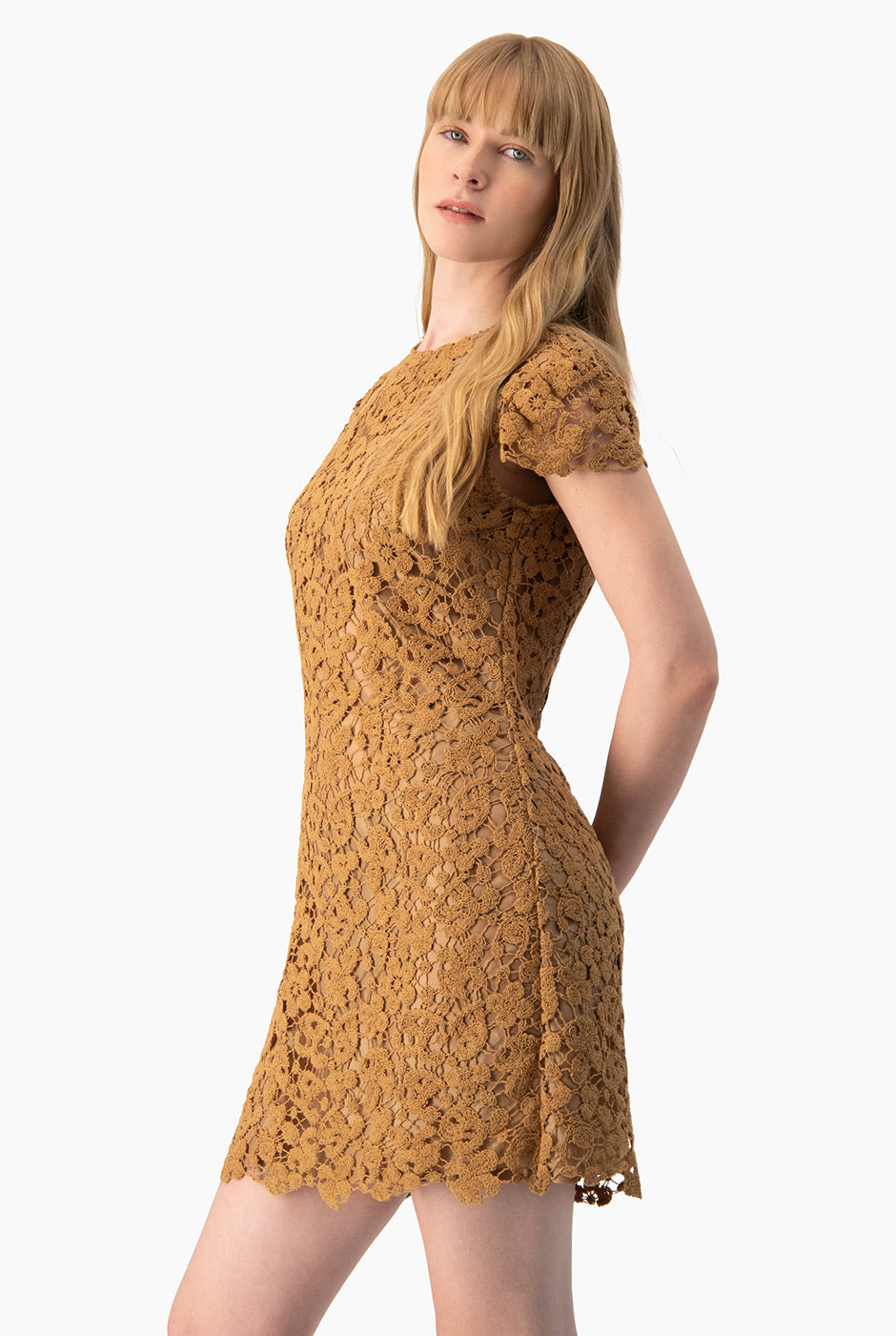 Vestido corto Ivonne café con encaje floral y mangas cortas