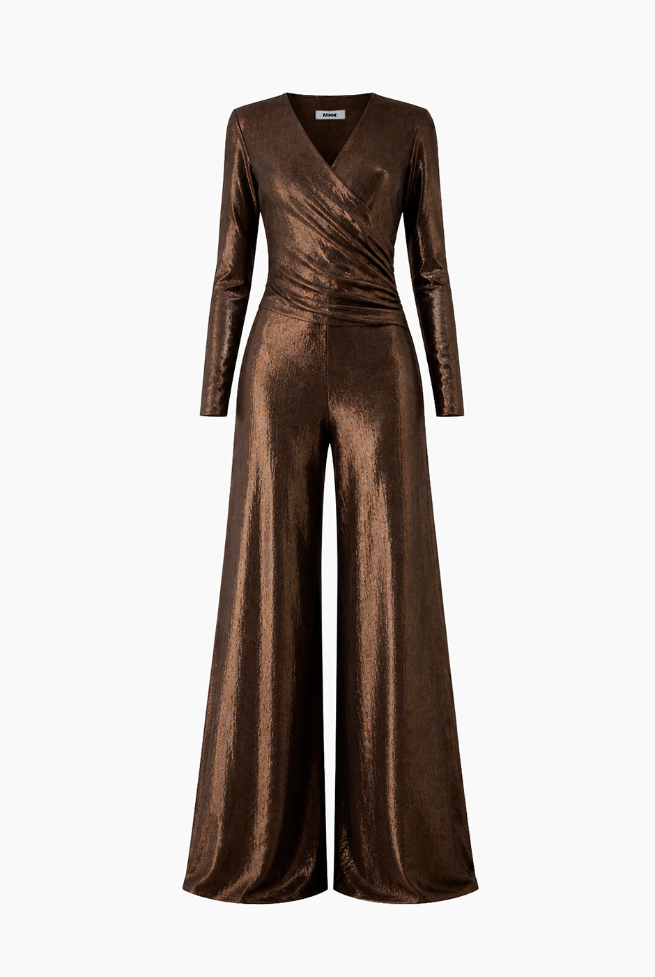 Jumpsuit Ivonne cruzado café con escote en V y mangas largas