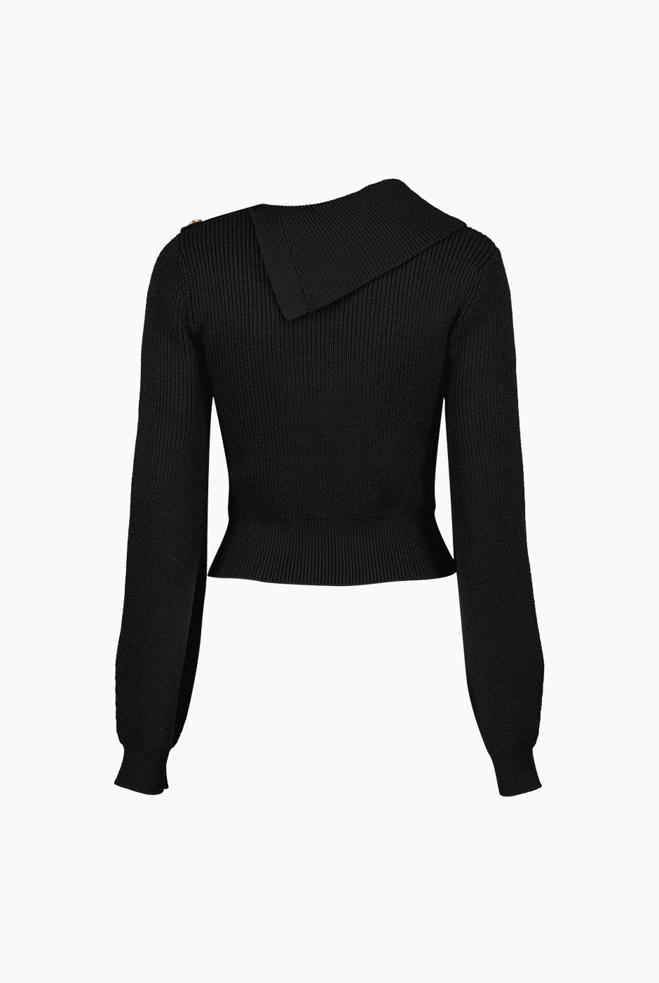 Suéter negro con cuello asimétrico y botones decorativos