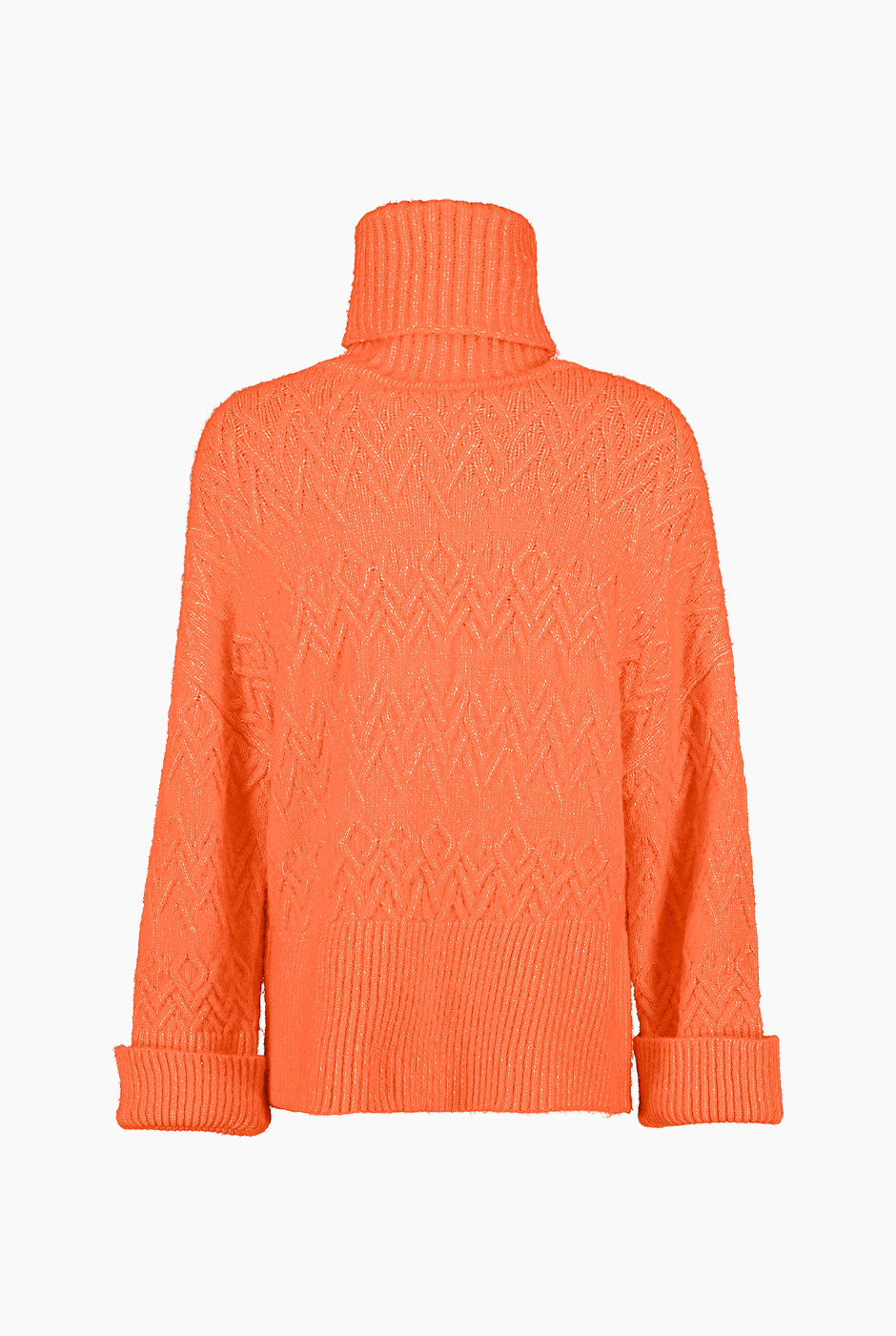 Suéter tejido oversized naranja con cuello tortuga y patrón geométrico