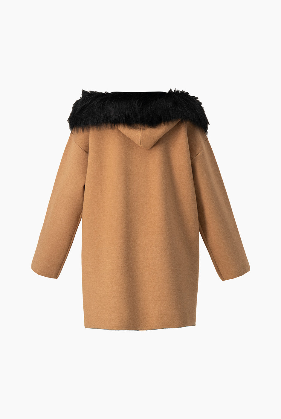 Cárdigan beige con gorro de pelo sintético y bolsillos