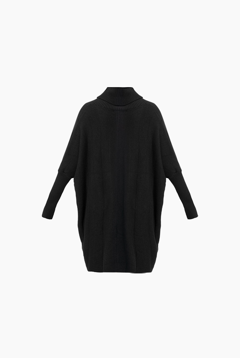 Pullover Maxi V negro con diseño acanalado y cuello alto