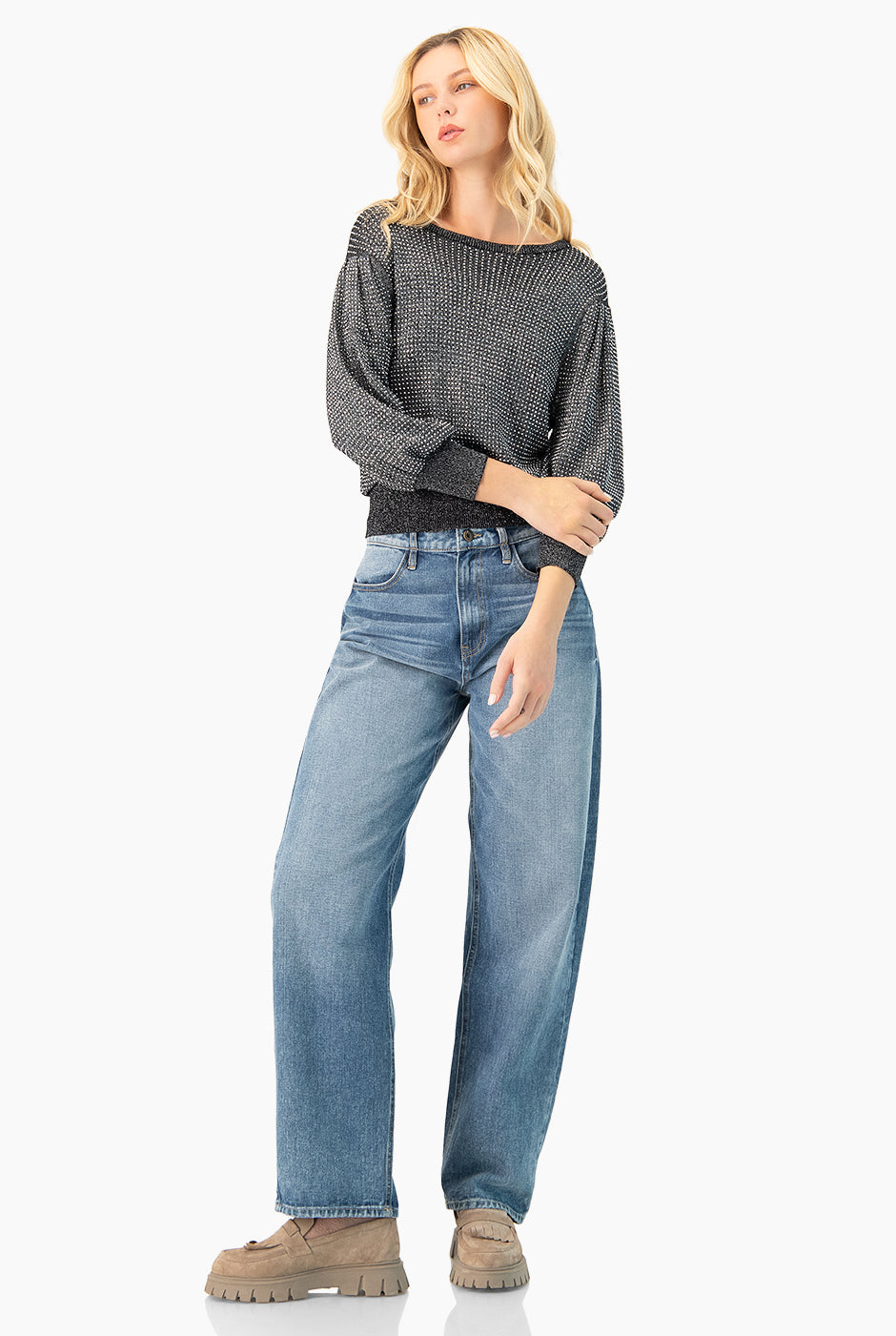 Pullover Strass plateado con brillo y manga aglobada