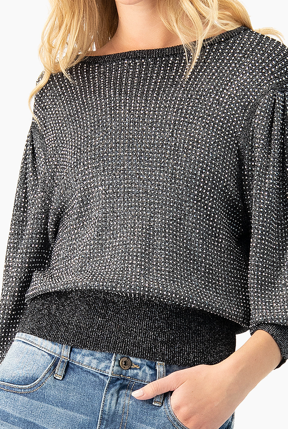 Pullover Strass plateado con brillo y manga aglobada