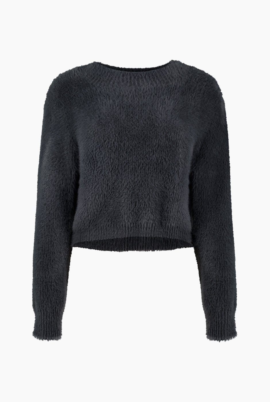 Suéter crop gris con cuello alto y mangas largas