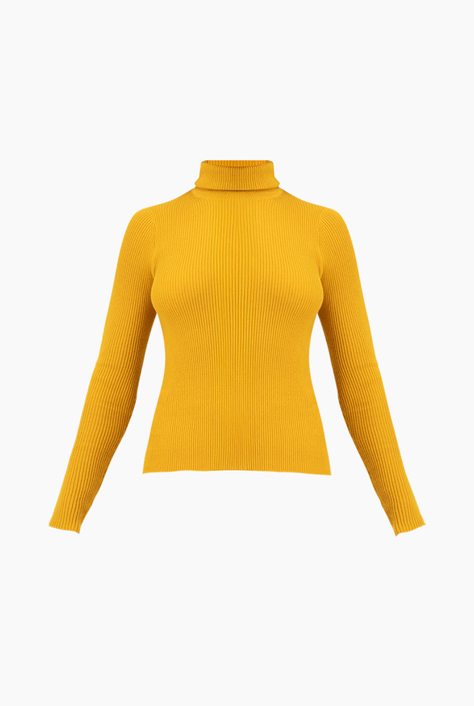 Suéter ribbed mostaza con cuello alto y mangas largas