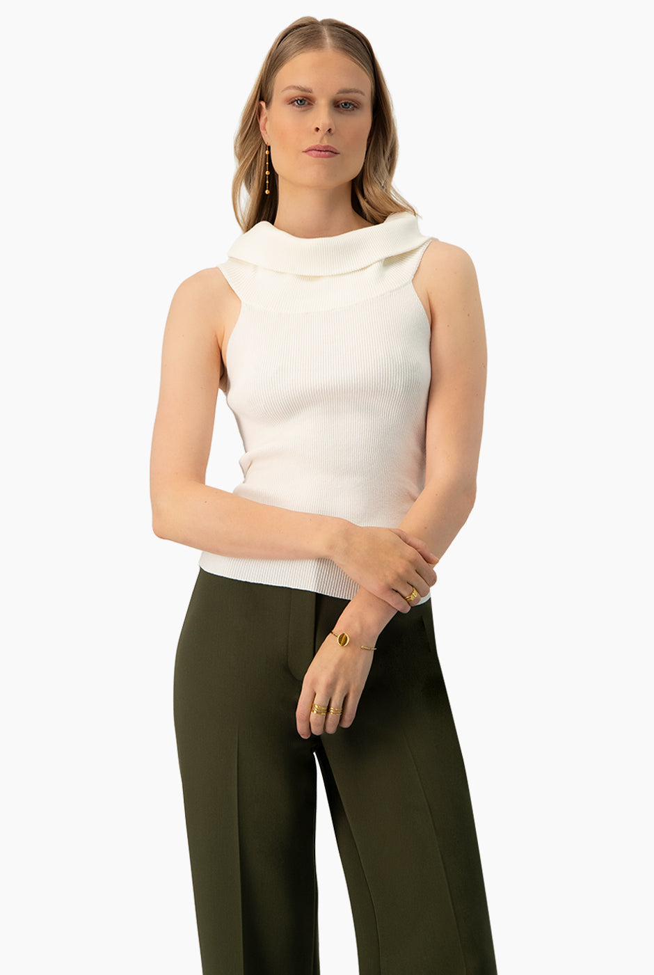 Top Rib Off-Shoulders en tejido acanalado color hueso