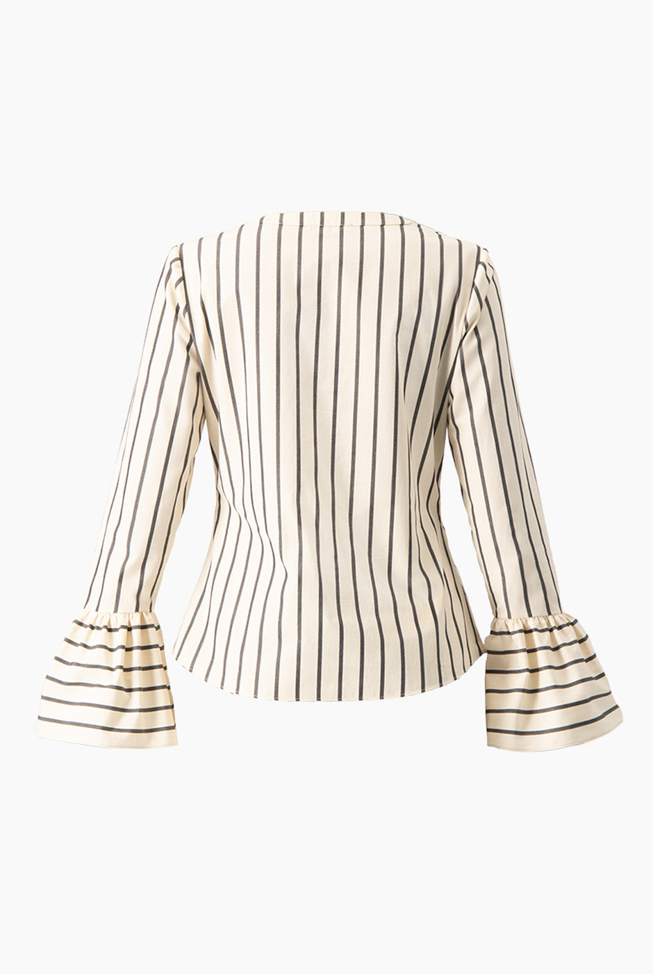 Camisa rayada de manga larga con escote en V y volantes