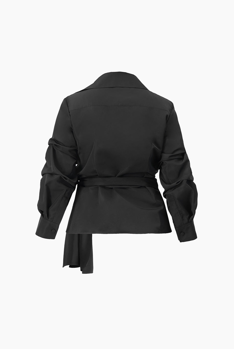 Camisa negra cruzada de manga larga con lazo en cintura