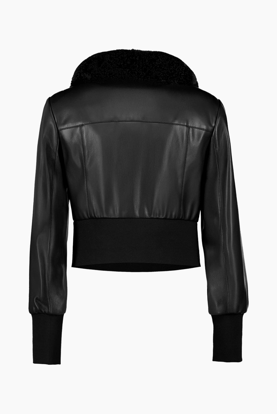 Chamarra bomber negra de ecopiel con cuello de pelo sintético