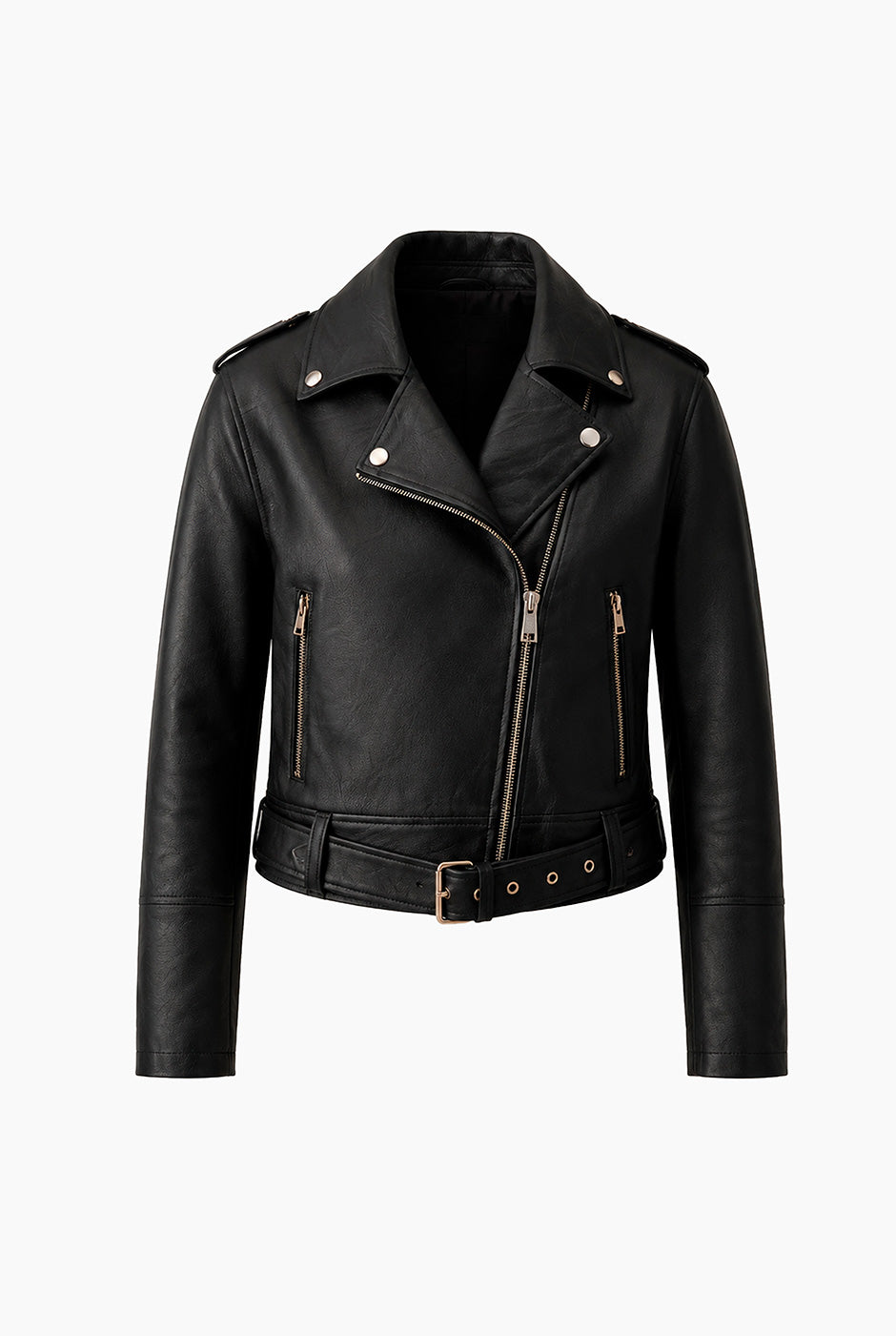 Chamarra Biker de ecopiel negra con zipper cruzado y cinturón