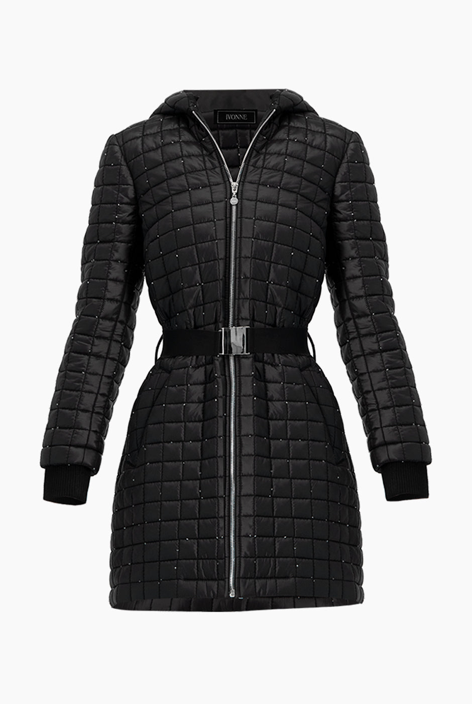 Chamarra larga acolchonada negra con cinturón y capucha