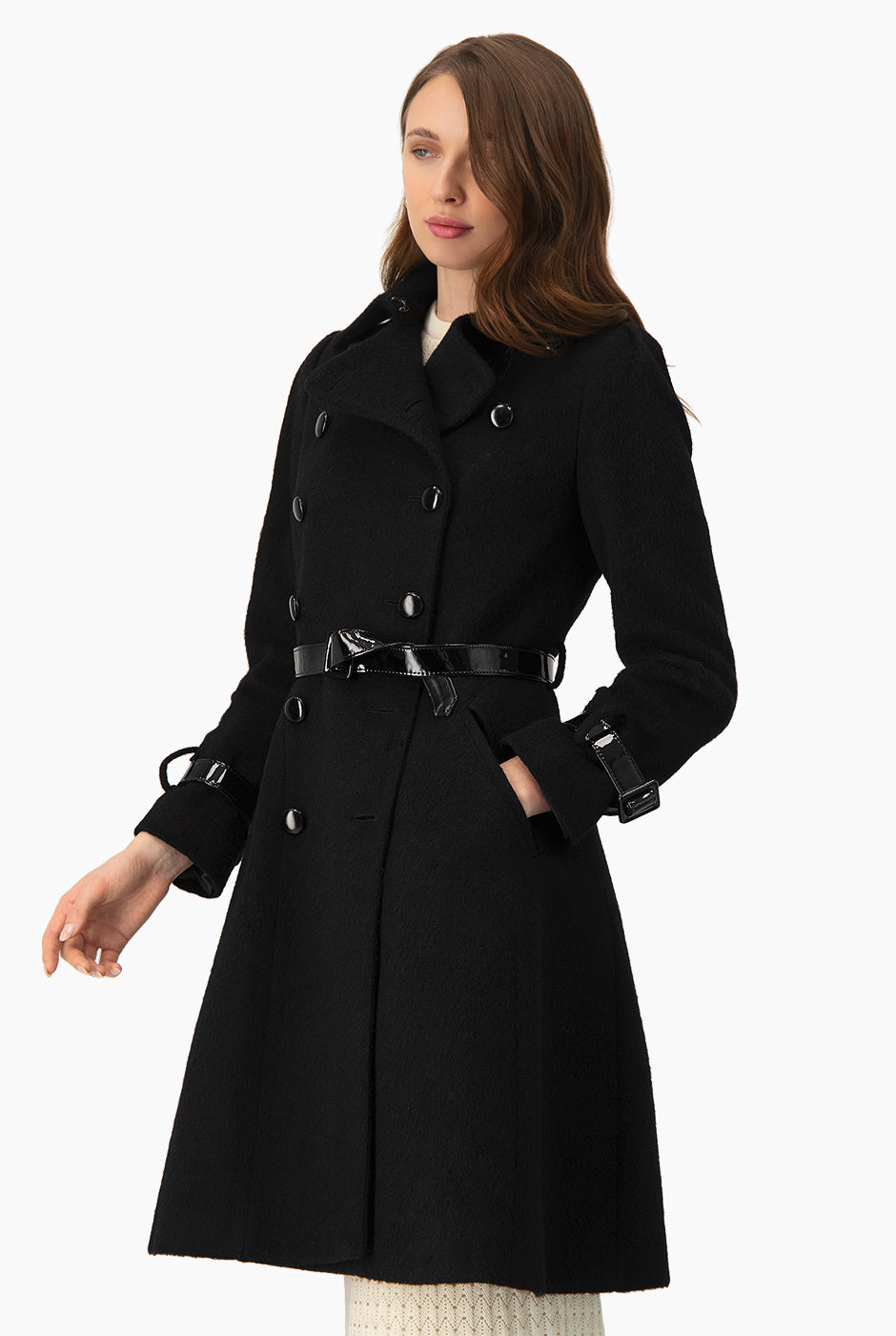 Abrigo negro Ivonne con doble botonadura y cinturón