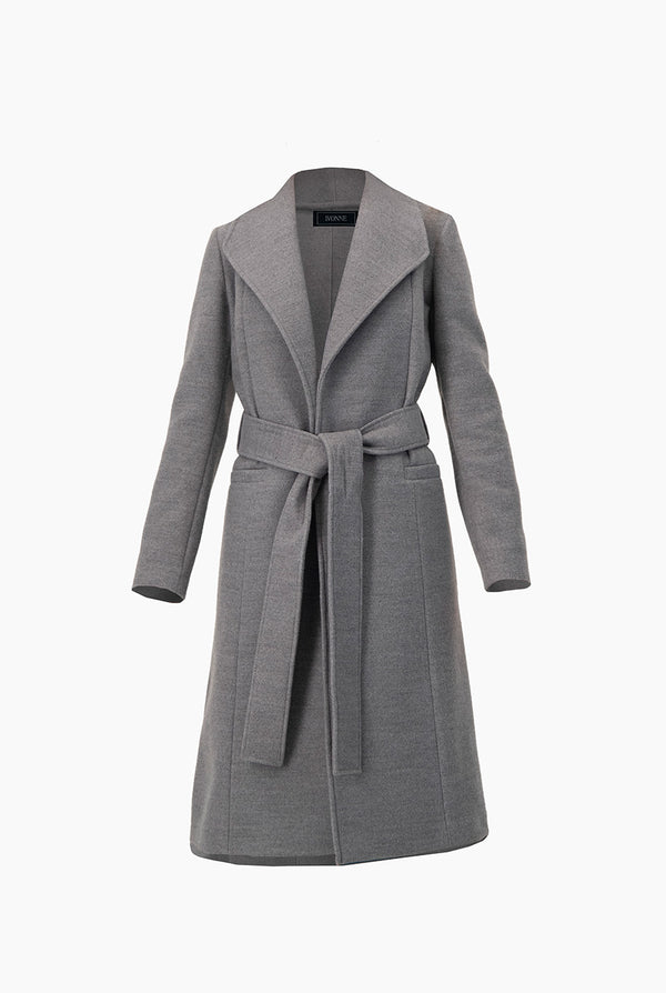 Abrigo largo gris con cinta
