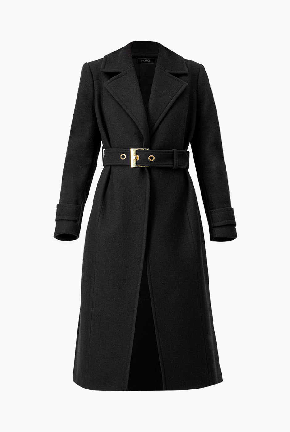 Abrigo largo negro con cinturón y hebilla en mangas