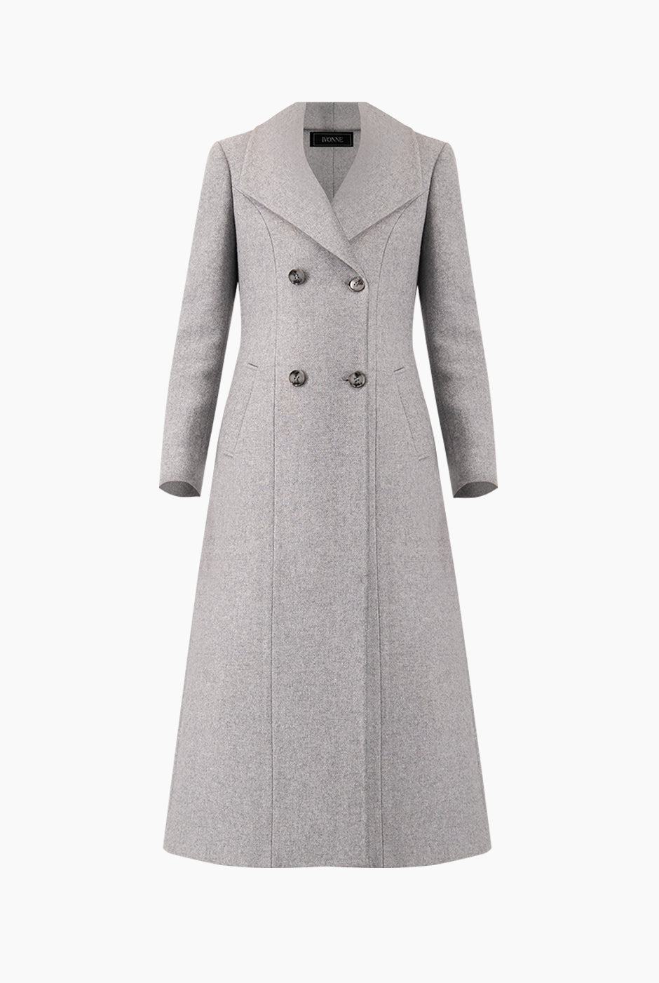 Abrigo largo gris con botones y bolsillos laterales