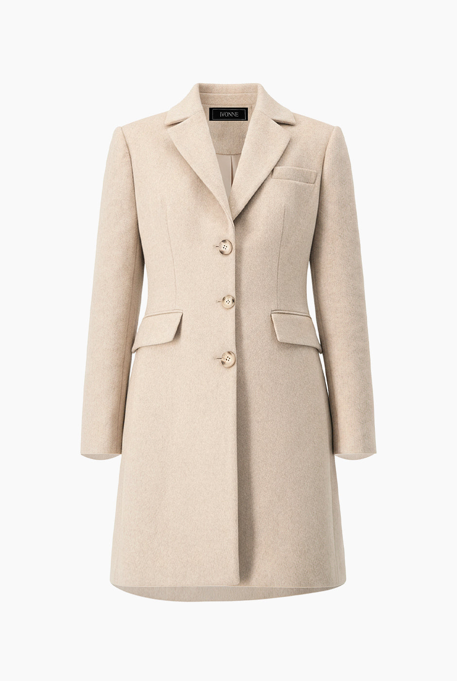 Abrigo largo beige con botones frontales y solapa