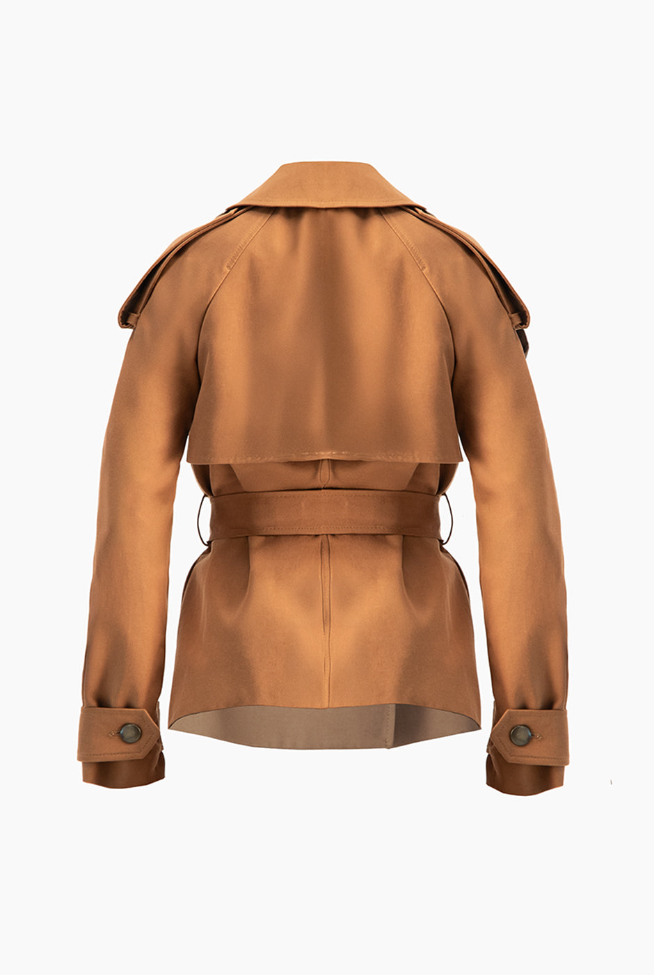 Trench cruzado corto café con cinturón y solapas anchas
