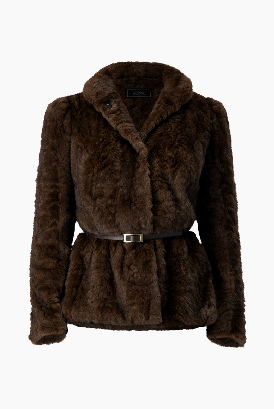 Abrigo corto de peluche café con cinturón elegante