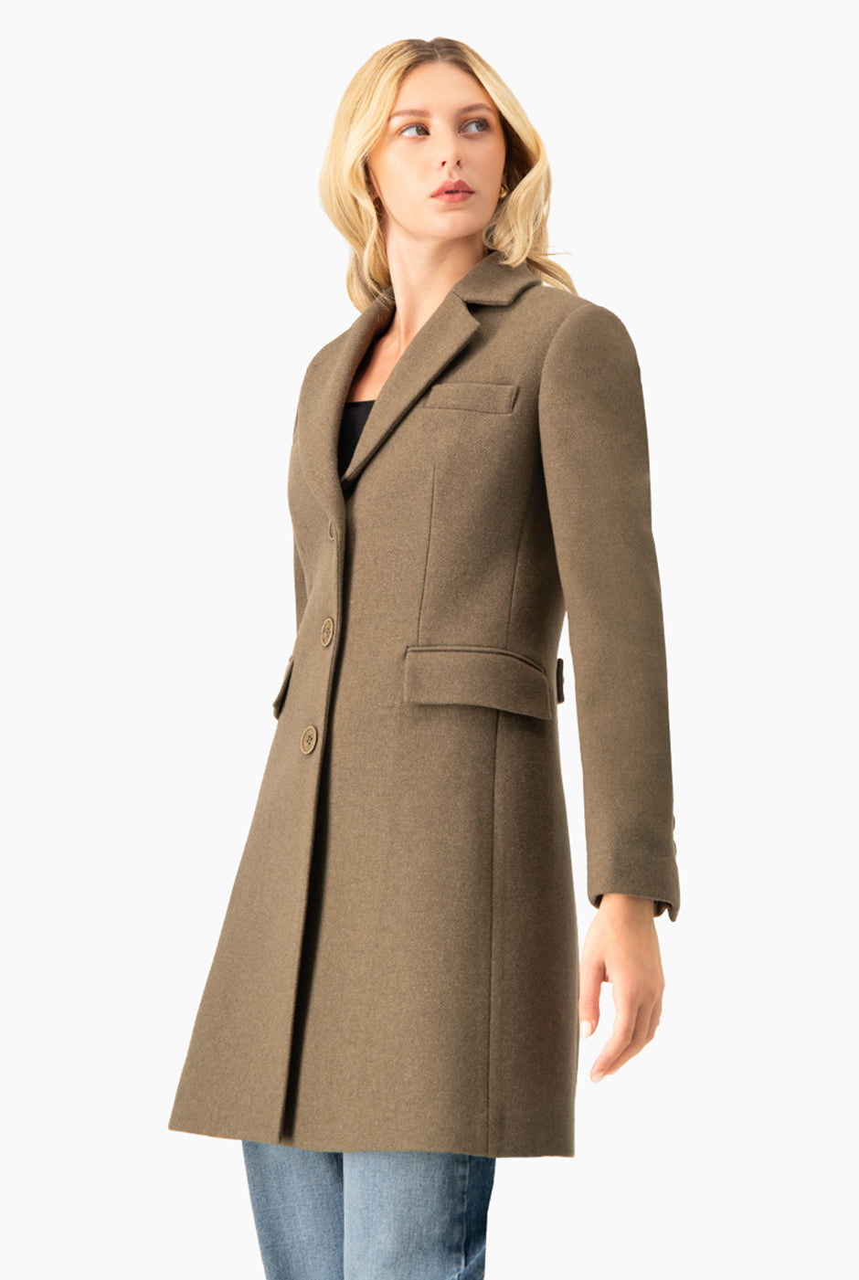 Abrigo largo verde oliva con bolsillos de solapa y botones