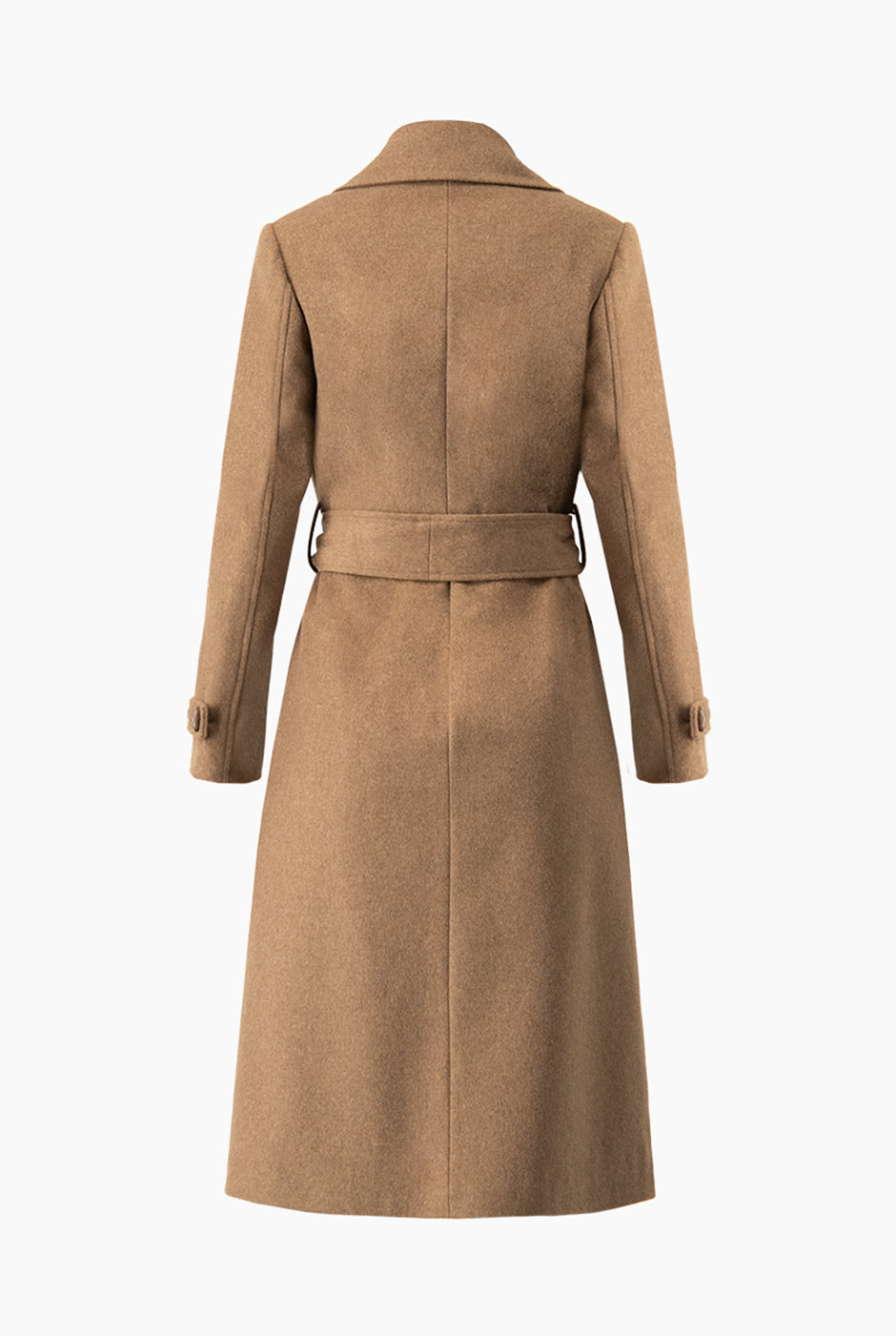 Abrigo largo café cruzado con cinturón y bolsillos