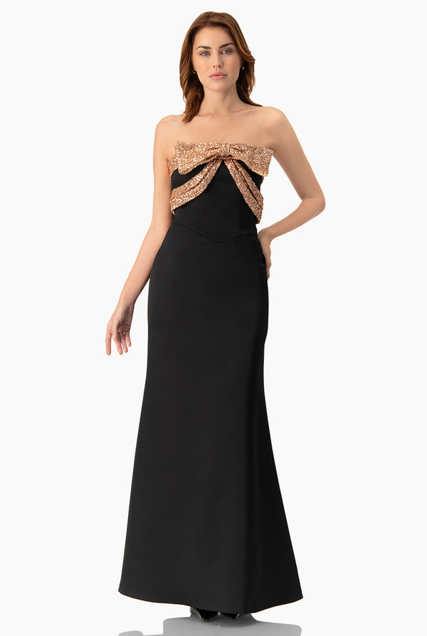 Vestido largo strapless con moño