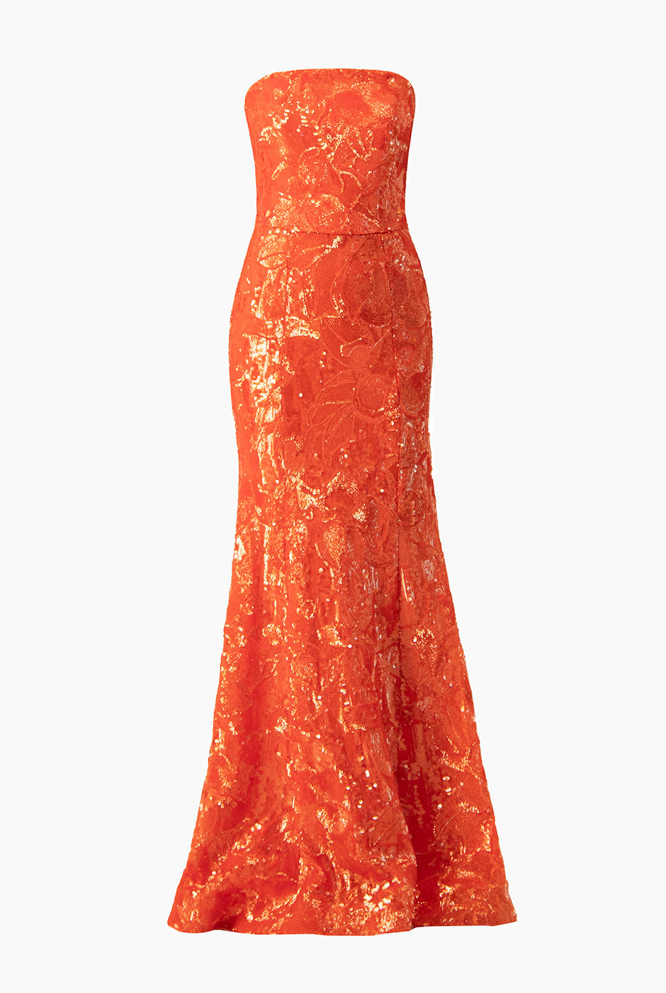 Vestido largo strapless naranja de lentejuelas