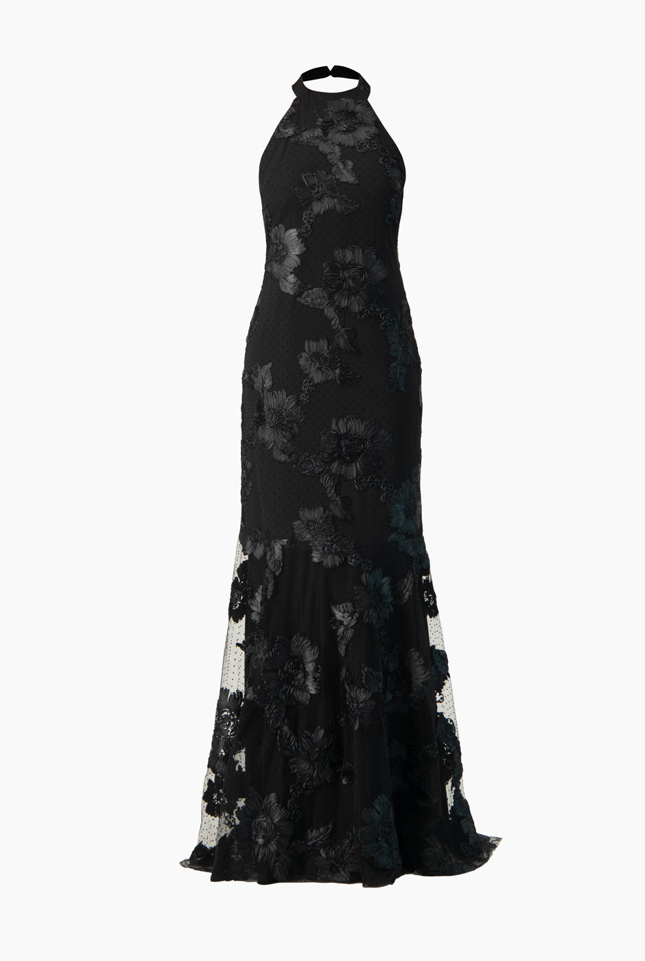 Vestido largo negro con espalda abierta y bordados florales