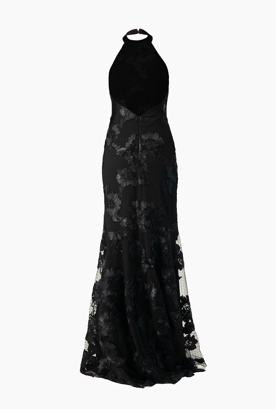 Vestido largo negro con espalda abierta y bordados florales