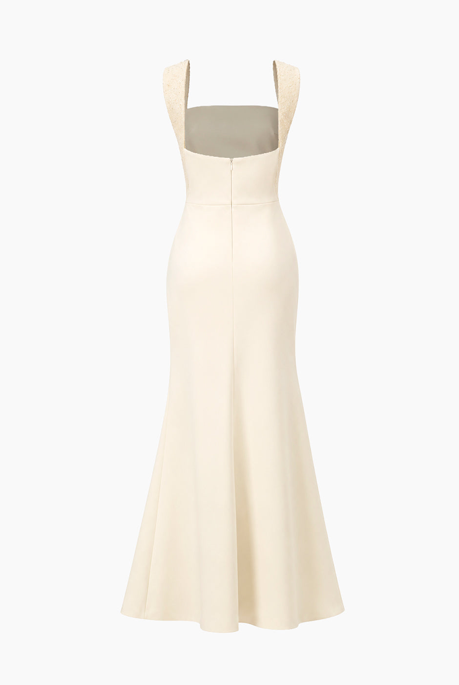 Vestido largo beige con escote cuadrado y tirantes anchos brillantes
