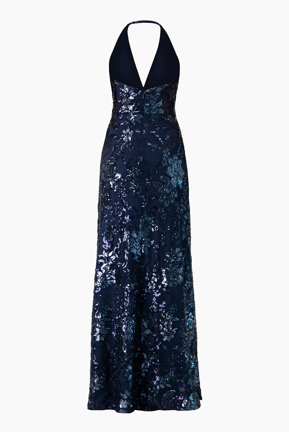 Vestido halter largo de lentejuelas azul marino de noche