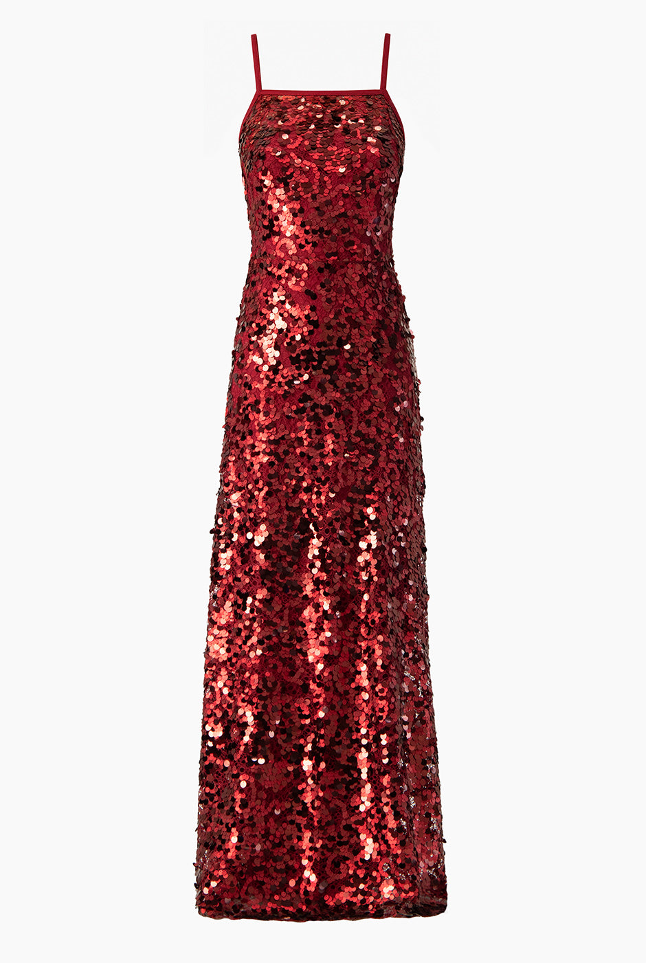Vestido rojo largo de noche con lentejuelas y escote cuadrado
