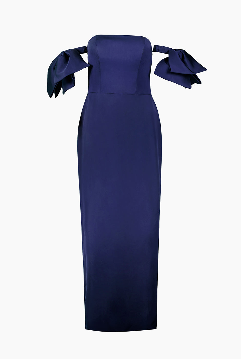 Vestido largo azul marino con moños en tirantes