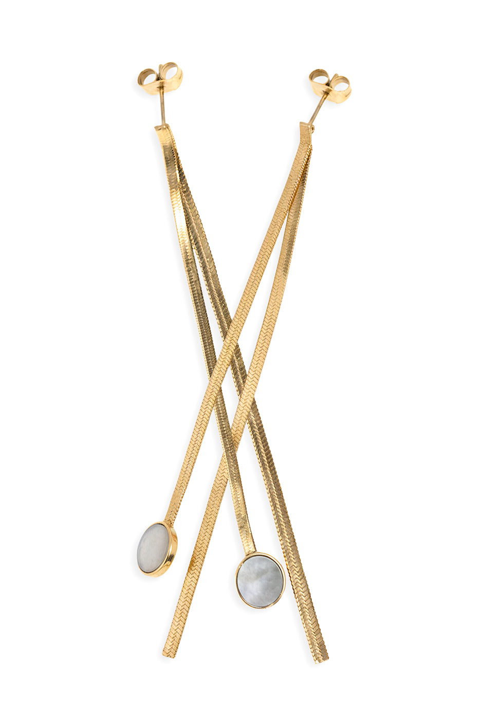 Aretes largos dorados con doble cadena y piedras